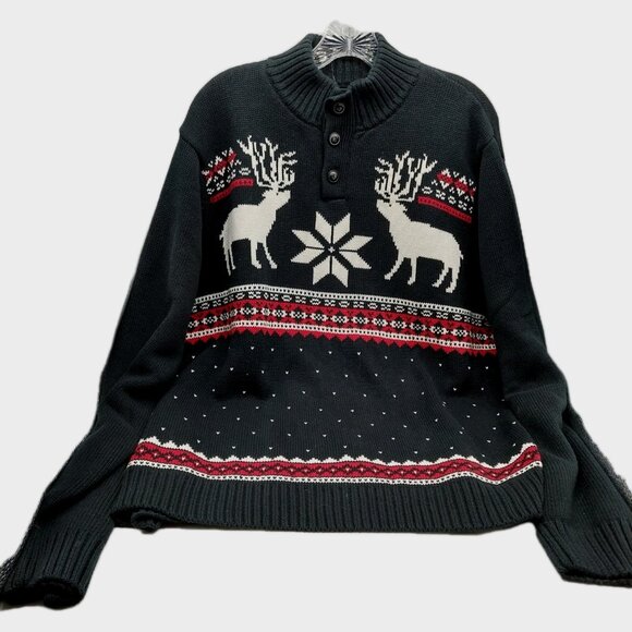 Chaps Sweater Mens Size XL Black Snowflake Deer Pullover 1/4 Button Down - Picture 1 of 8